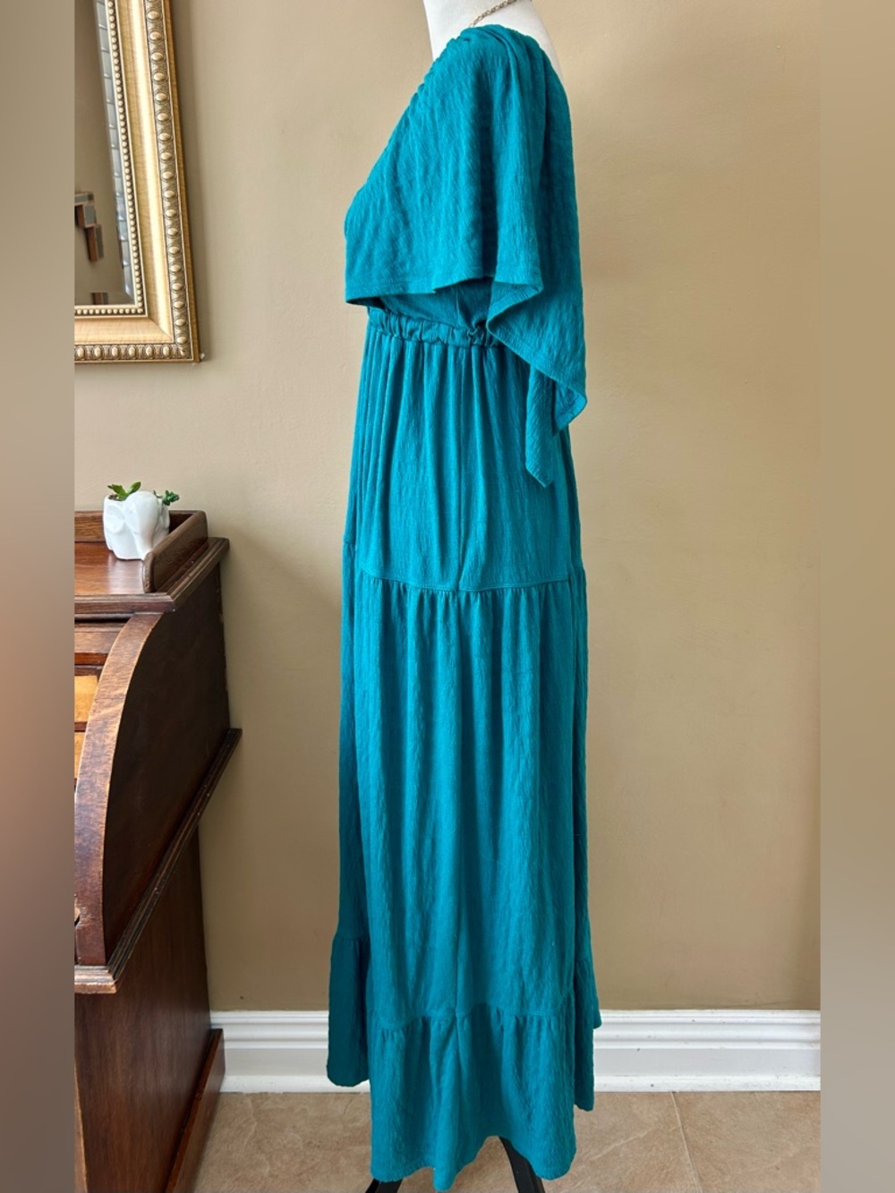 Free People Beach La La Maxi Dress Tiered Flutter Sleeve Teal Blue Green Size S - Picture 6 of 13